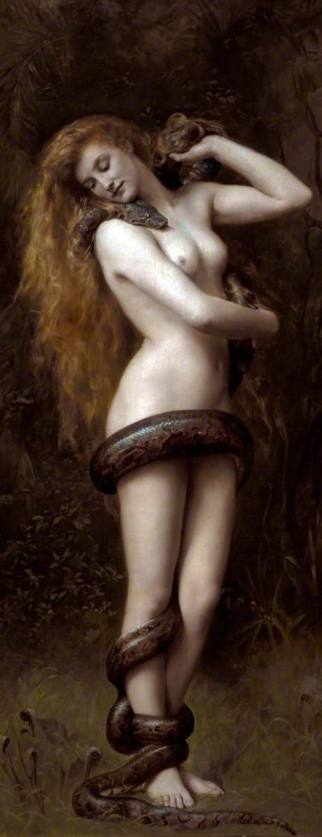 Painting of nude woman with long blond hair and a snake coiled around her body