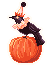 Raven in a clown costume standing on a pumpkin