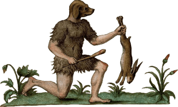 16th century man with the head of a dog wearing a fur tunic and carrying a rabbit