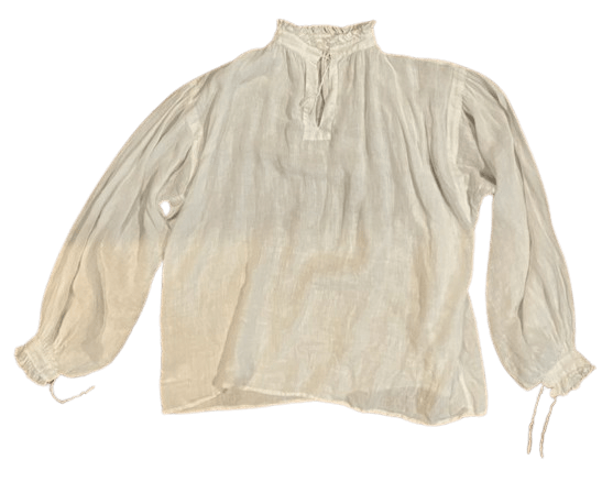 White linen shirt with gathered neck and sleeves and ruffled collar and cuffs