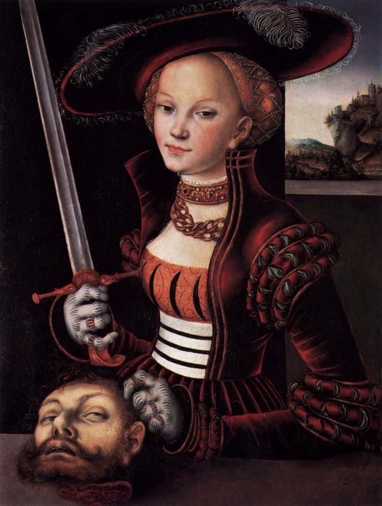 Painting of a woman in red dress holding a severed head