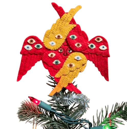 Red and gold felt angel made up of several wings covered in eyes