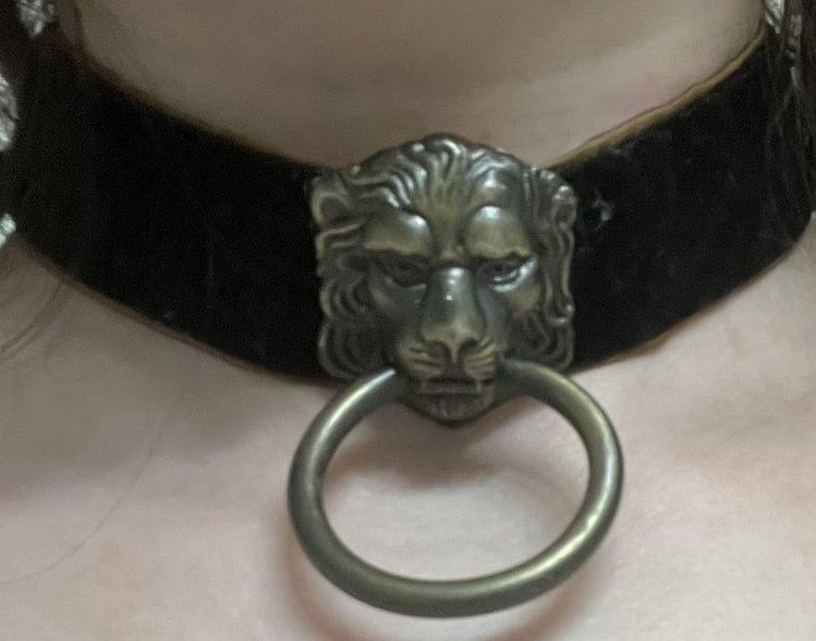 Black velvet chocker with a brass lion holding a ring