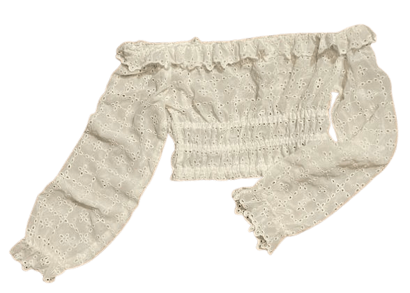 White lace off-shoulder crop top with long poofy sleeves