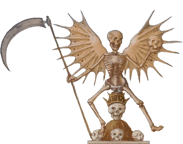 Winged skeleton waving a scythe while sitting on top a pile of skulls.