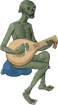 Green skeleton sitting and playing the lute