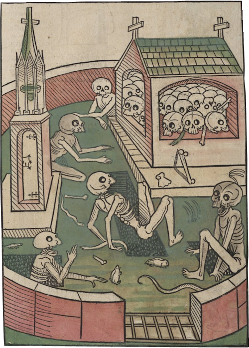 Skeletons getting up from their graves and greating eachother.