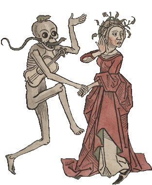 Skeleton jumping in front of a frightened woman