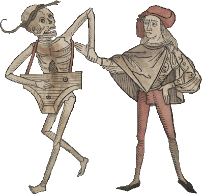 Skeleton playing a zither while holding on to an annoyed man