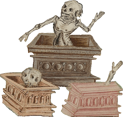 Three skeletons dancing in graves