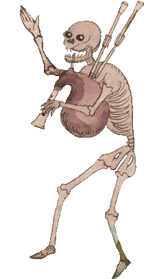 Skeleton playing bagpipes and dancing